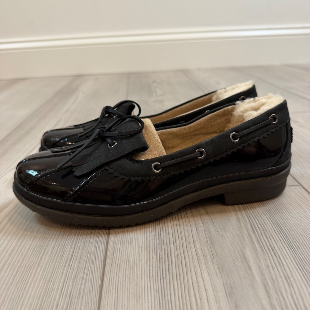NEW UGG Haylie Black Patent Leather Kiltie Loafer Wool Lined Shoes 1012215 6.5